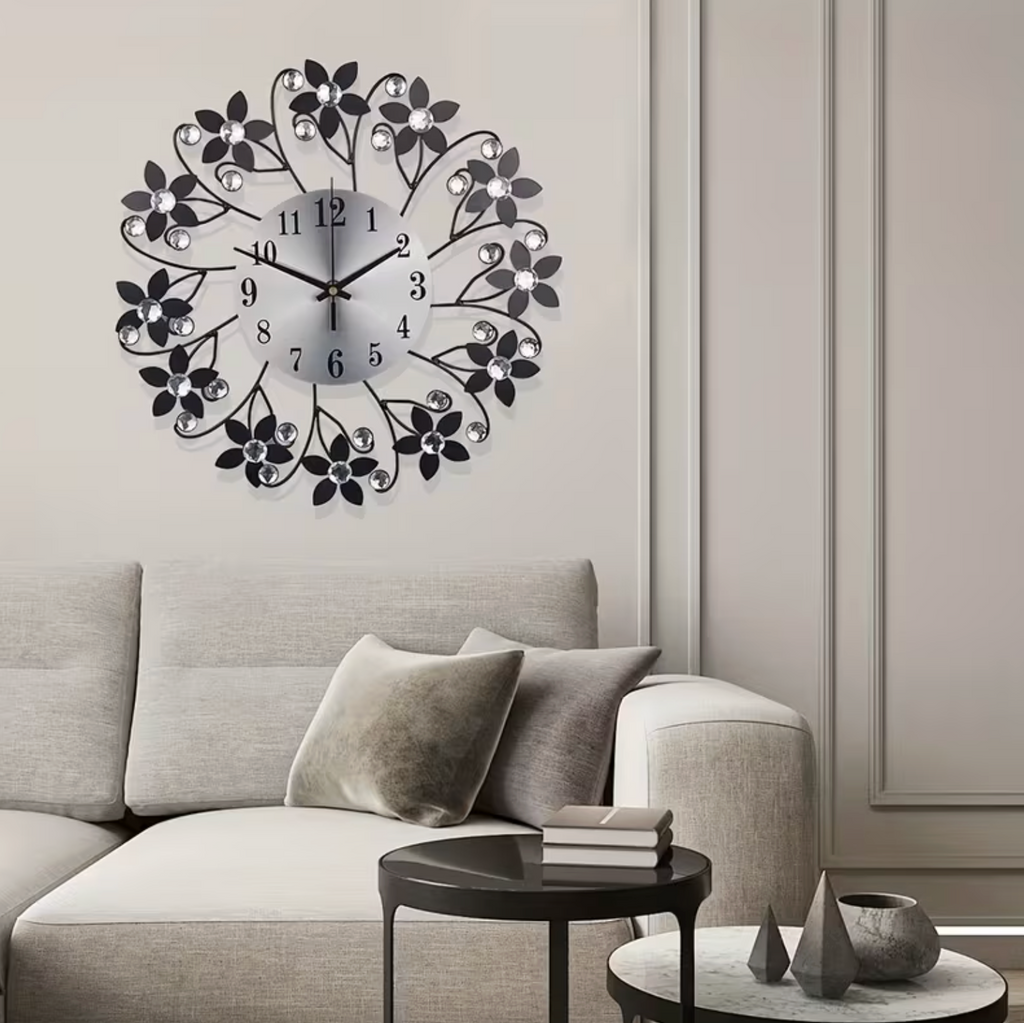 Modern Wall Clock - Silent Floral Design with Crystal Accents 4