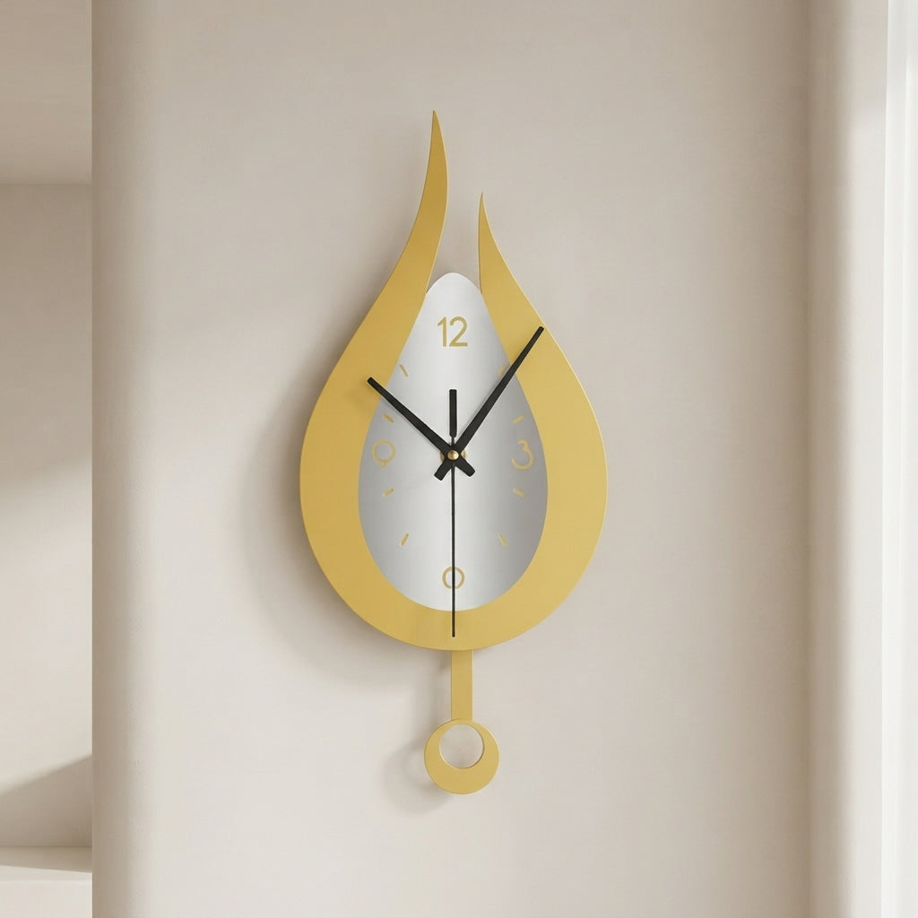 A modern flame-shaped wall clock in mustard yellow and white with black hands, mounted on a warm beige wall.