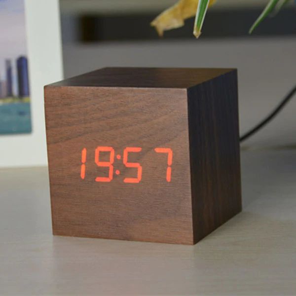 Modern Wooden Digital Desk Clock – Minimalist Cube Design for Home or Office, Compact Bamboo Wood Timekeeper 0
