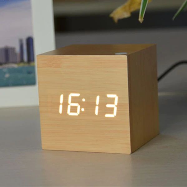 Modern Wooden Digital Desk Clock – Minimalist Cube Design for Home or Office, Compact Bamboo Wood Timekeeper 5
