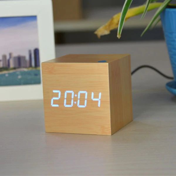Modern Wooden Digital Desk Clock – Minimalist Cube Design for Home or Office, Compact Bamboo Wood Timekeeper 7