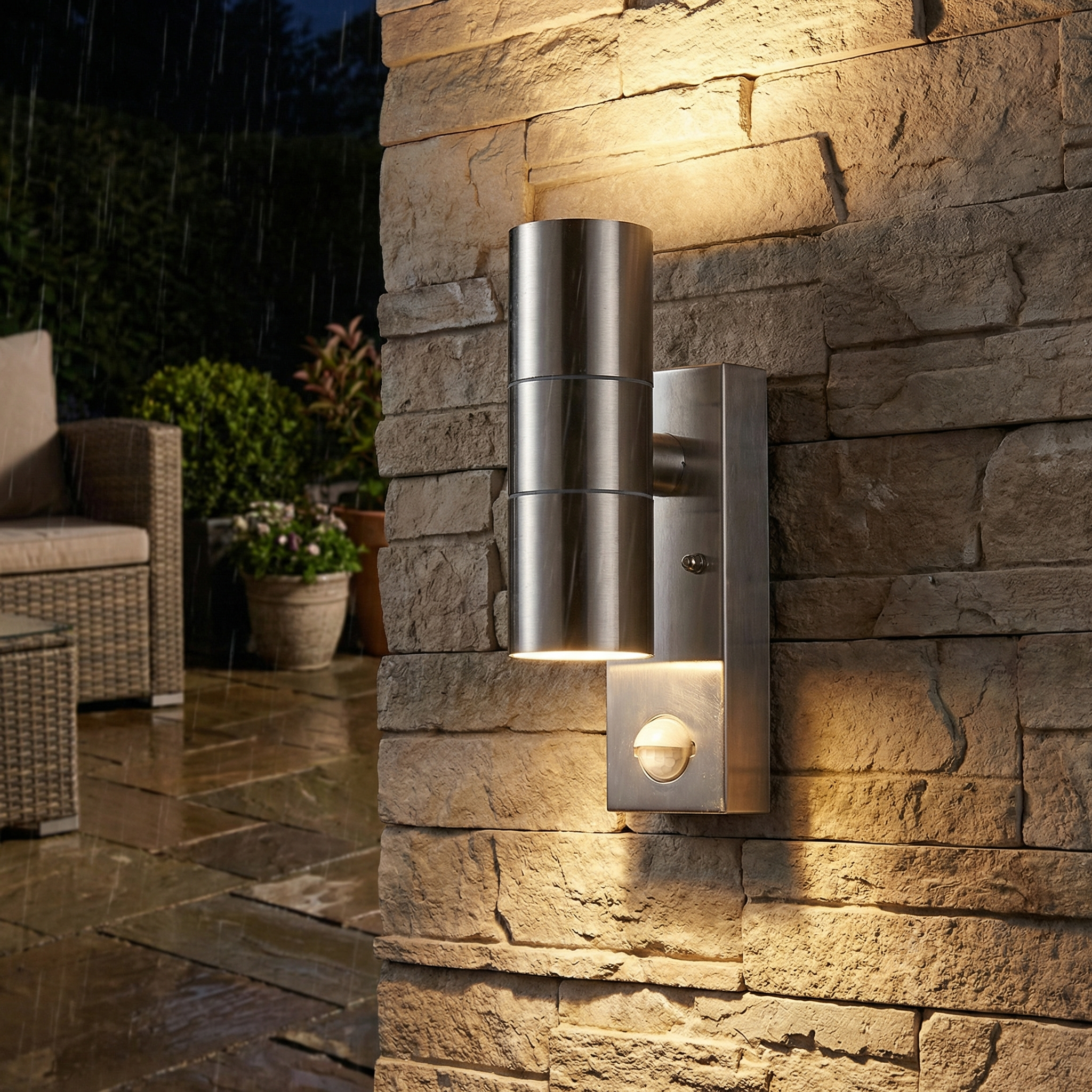 MotionSense PIR Outdoor Wall Lamp with Stainless Steel Design, Water-Resistant Cylinder, Motion Sensor for Gardens and Porches 1