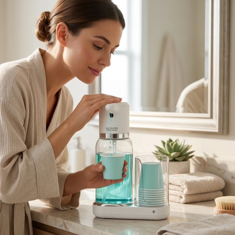 Woman using oral care in a bathroom