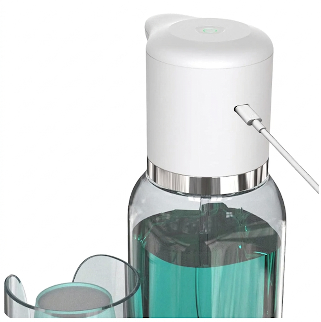 Clear water bottle with white cap and green liquid, next to a glass on a white background