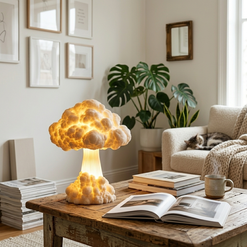 Cloud-shaped lamp on a wooden table in a cozy living room with books and a cat.