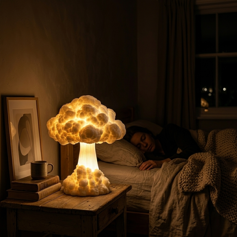 Person lying in bed under a warm glow from a cloud-shaped lamp on a wooden nightstand.