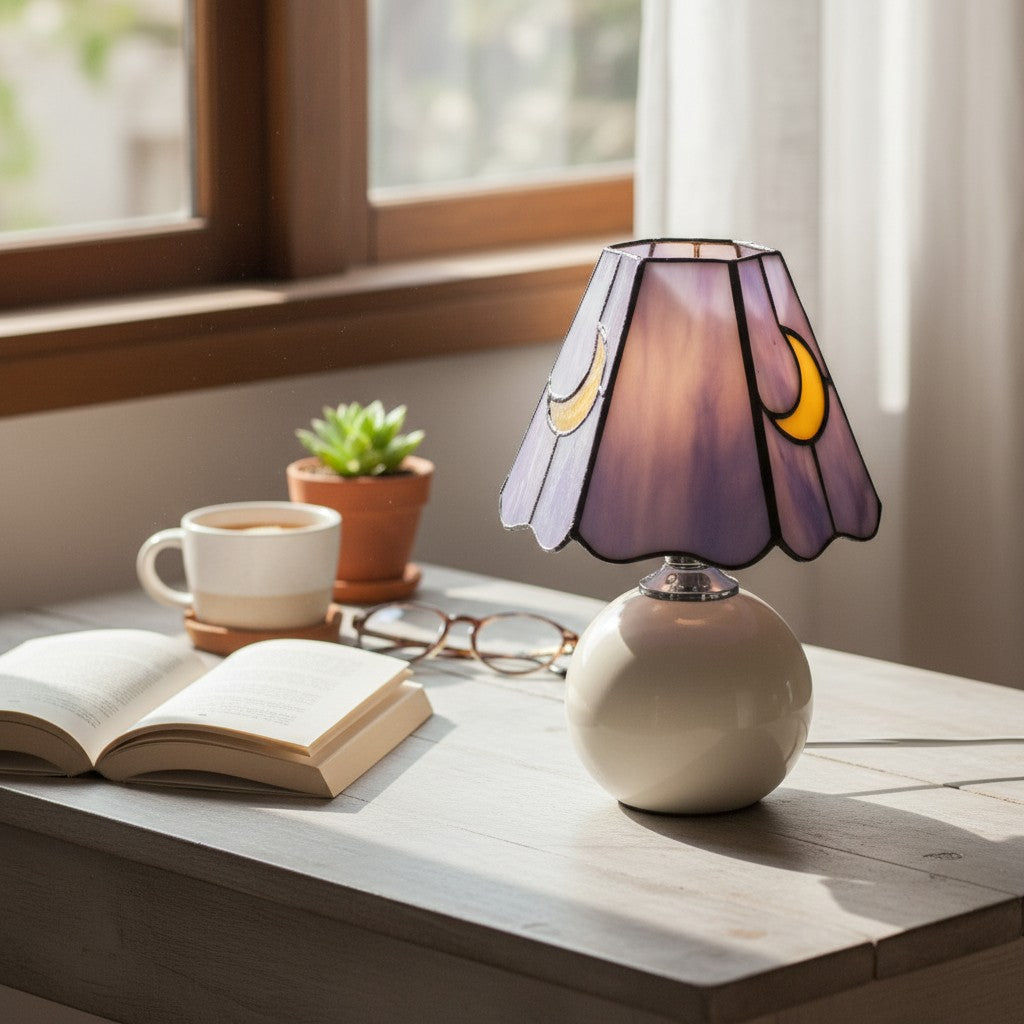Mushroom Moon Stained Glass Table Lamp - Artistic Bedroom & Living Room Accent 6