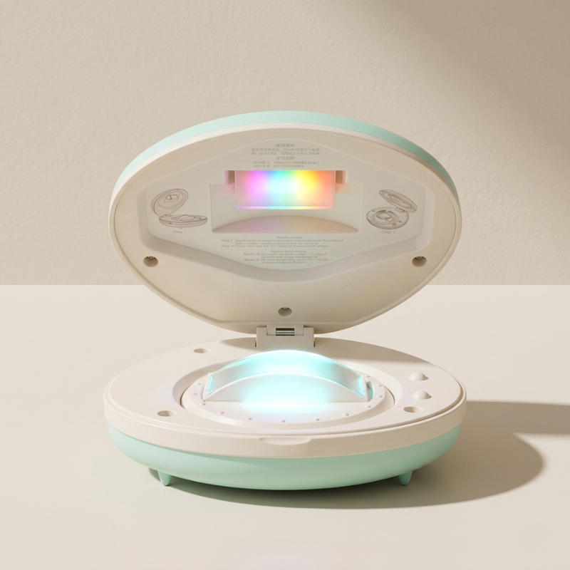 Portable electronic device with a colorful display on a beige background