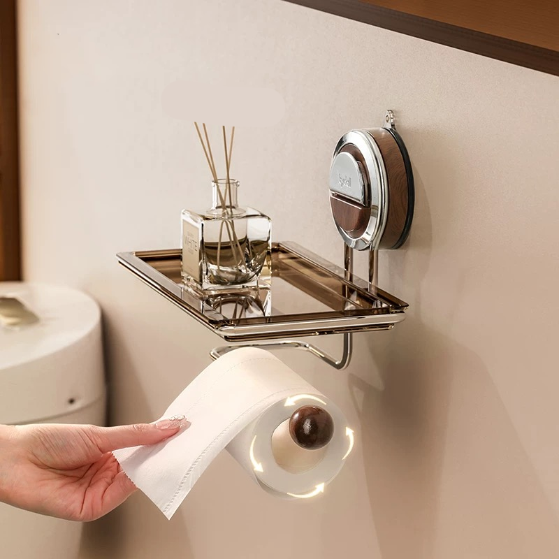 No-Drill Suction Toilet Paper Holder Stand with Wood-Grain Design – Stainless Steel, Easy Installation for Smooth Surfaces 1