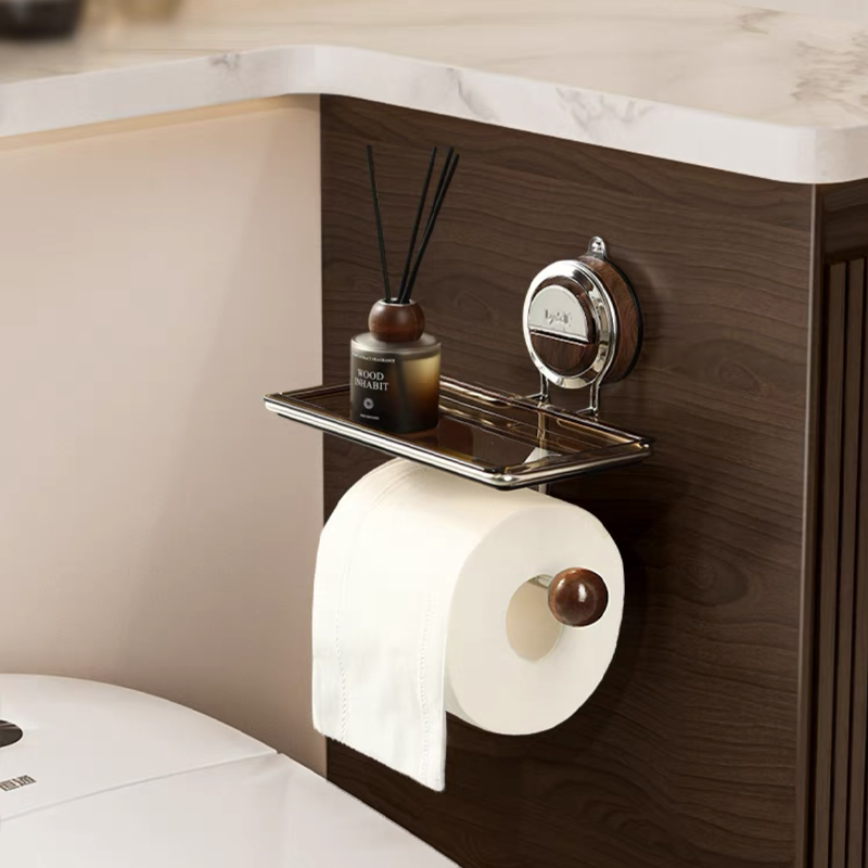 No-Drill Suction Toilet Paper Holder Stand with Wood-Grain Design – Stainless Steel, Easy Installation for Smooth Surfaces 4