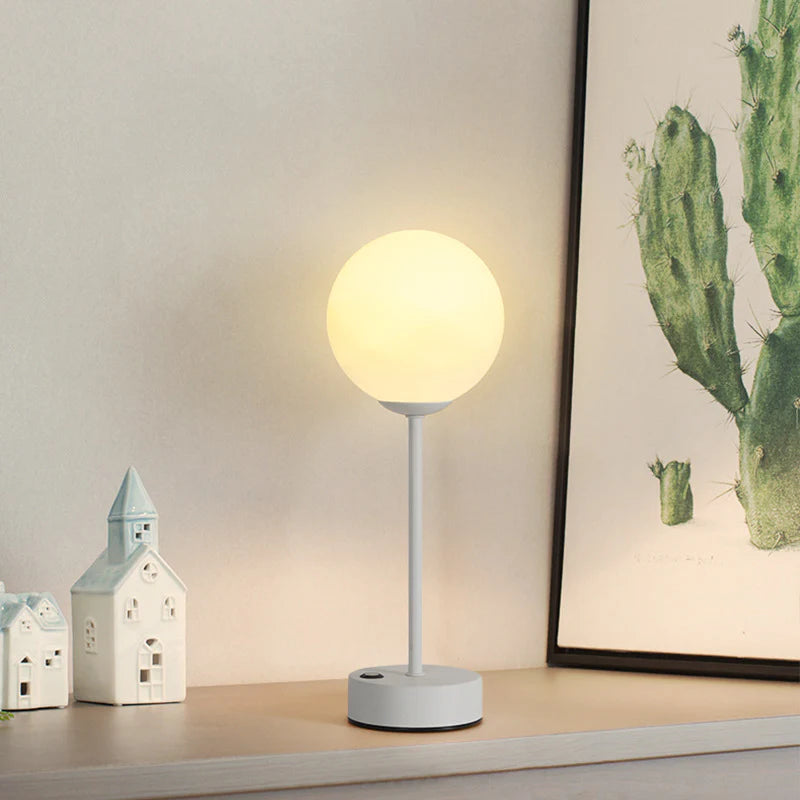Table lamp on a surface with decorative items and a cactus painting in the background
