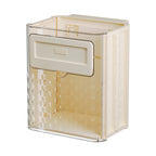 Beige storage box with a transparent lid on a white background