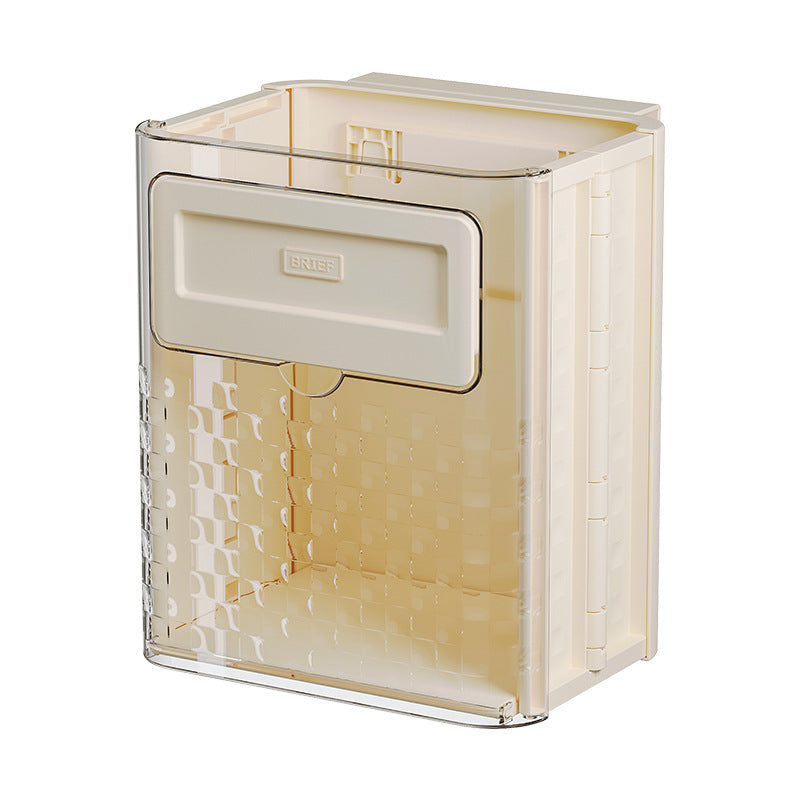 Beige storage box with a transparent lid on a white background