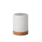 White cylindrical lamp with wooden base on a white background