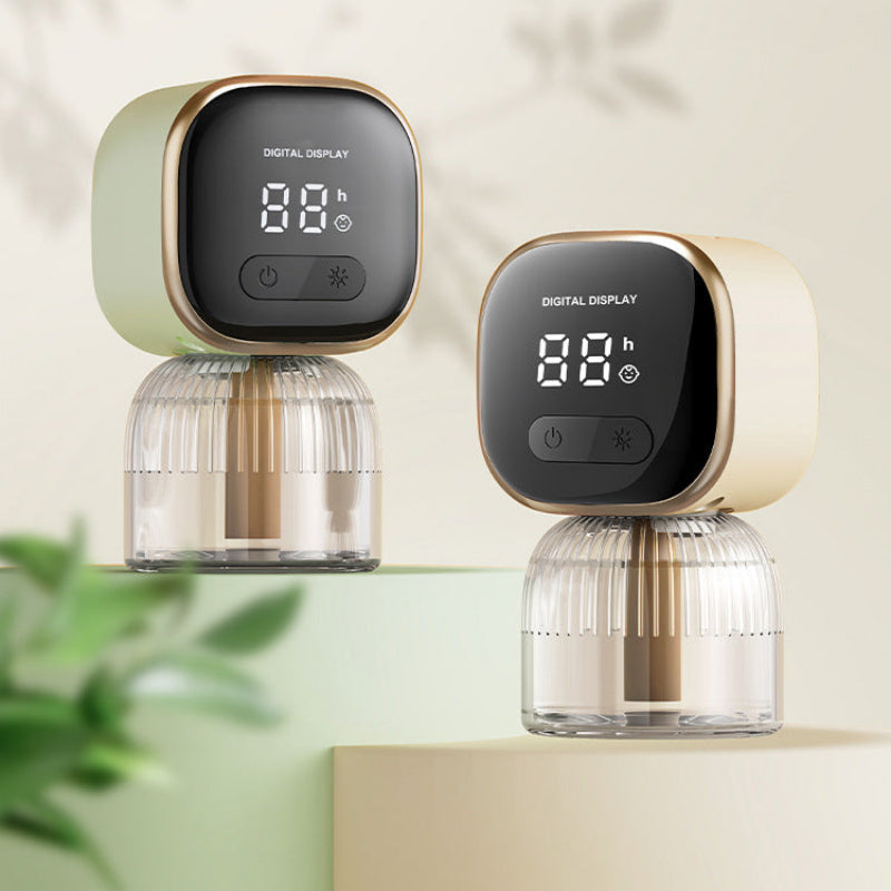 Two electronic devices with digital displays on a light green background