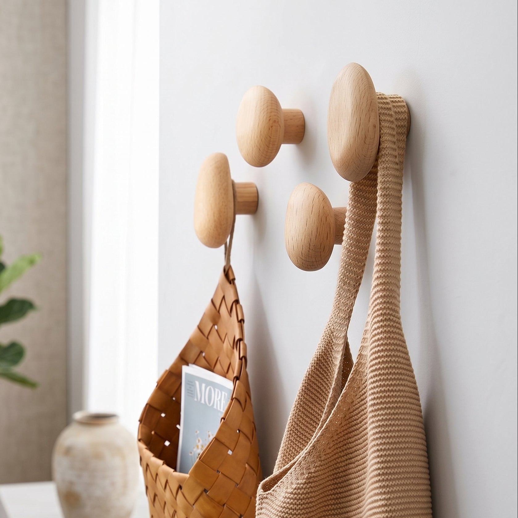 Oak Pebble Wall Hooks - Natural Wood Coat Hooks for Wall Storage 1