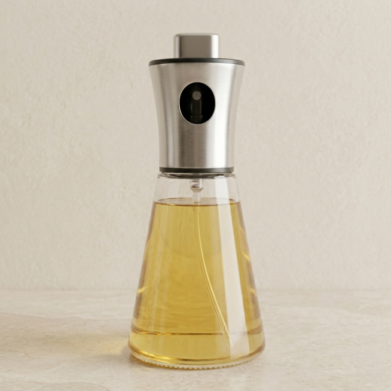 Clear glass bottle with metal cap containing a yellow liquid on a beige background