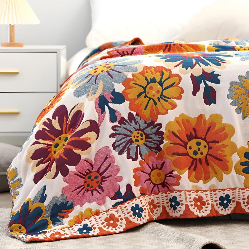 Organic Cotton Blanket - Soft, Reversible Floral Design for Summer Comfort 1