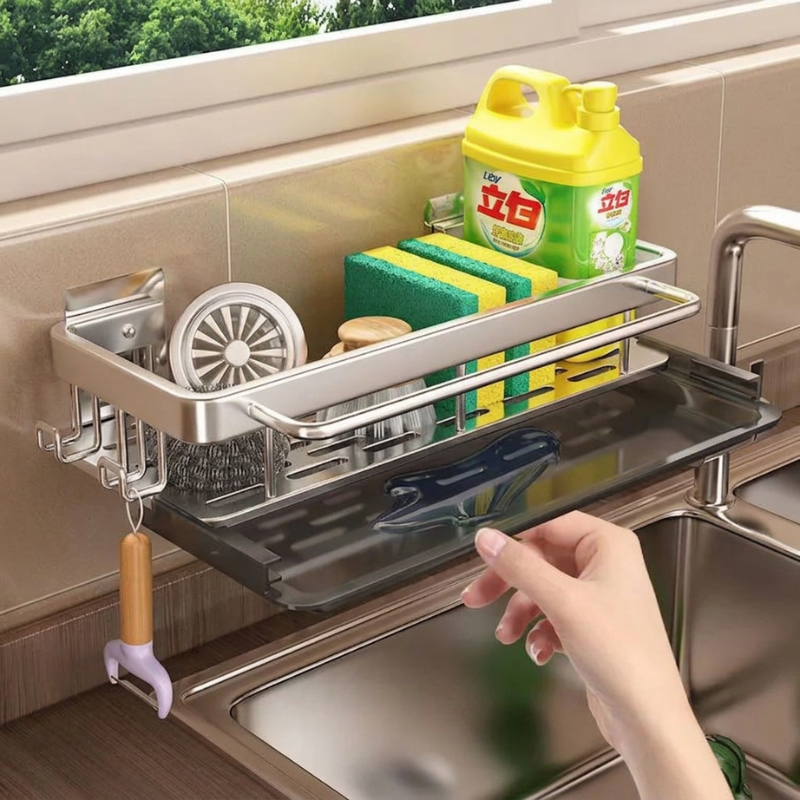 Kitchen sink caddy with cleaning supplies on a kitchen counter