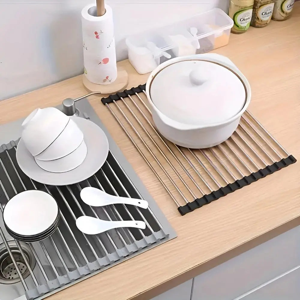 Over The Sink Dish Drying Rack, Stainless Steel Roll Up Drainer, 18x9 Inch Compact Design for Space-Saving Kitchen Use 8