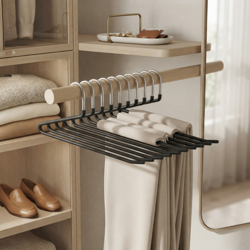 A black metal hanger organizer with multiple hangers and a flat lower rack, shown hanging in a light wood closet organizer with folded beige garments and neutral decor.