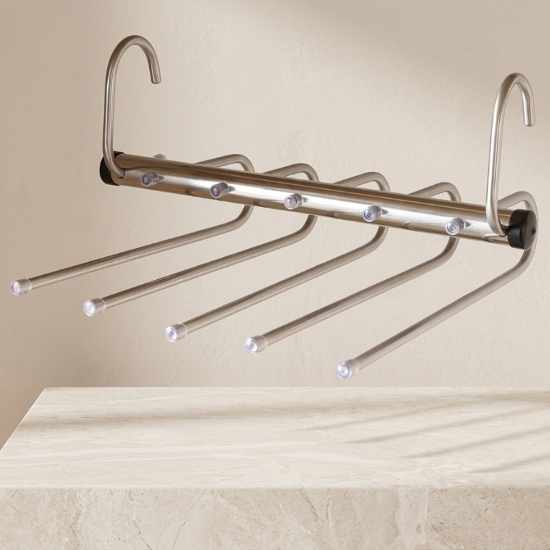 Metallic hanger rack with multiple hooks on a beige background