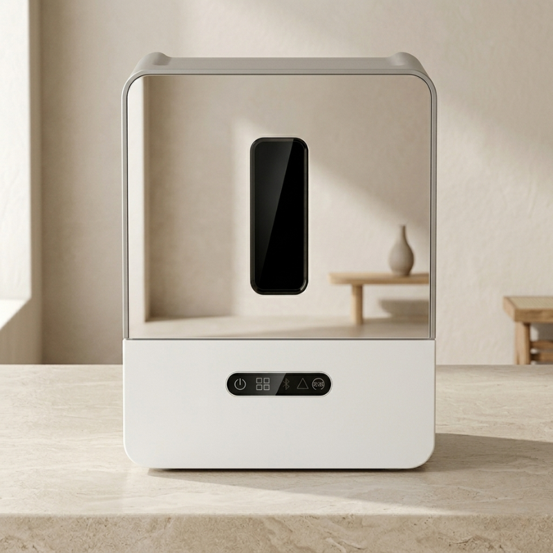 Modern white electronic device with a screen on a wooden surface