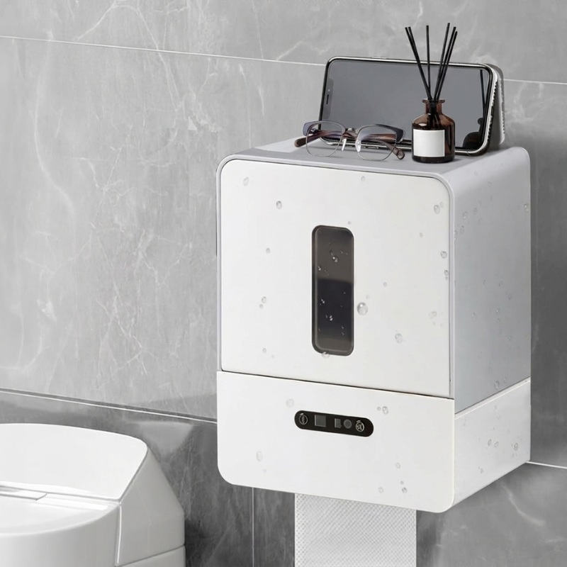 White electronic device on a stand with a smartphone and diffuser in a bathroom setting
