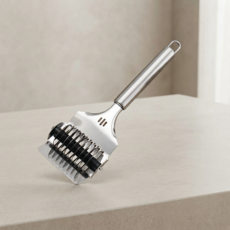 A stainless steel meat tenderizer with a multi-pronged scoring and slicing blade, resting on a light beige countertop.