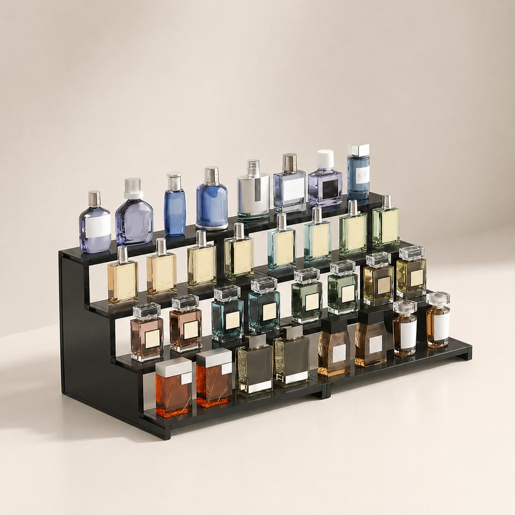 Collection of perfume bottles on a black metal stand against a beige background