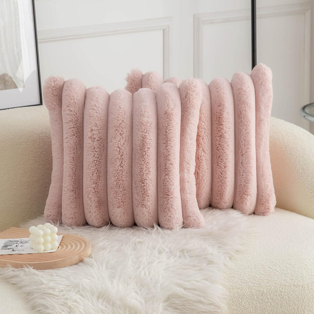 Pink Faux Fur Throw Pillow Covers 18x18 - Soft Velvet Decorative Set of 2 0