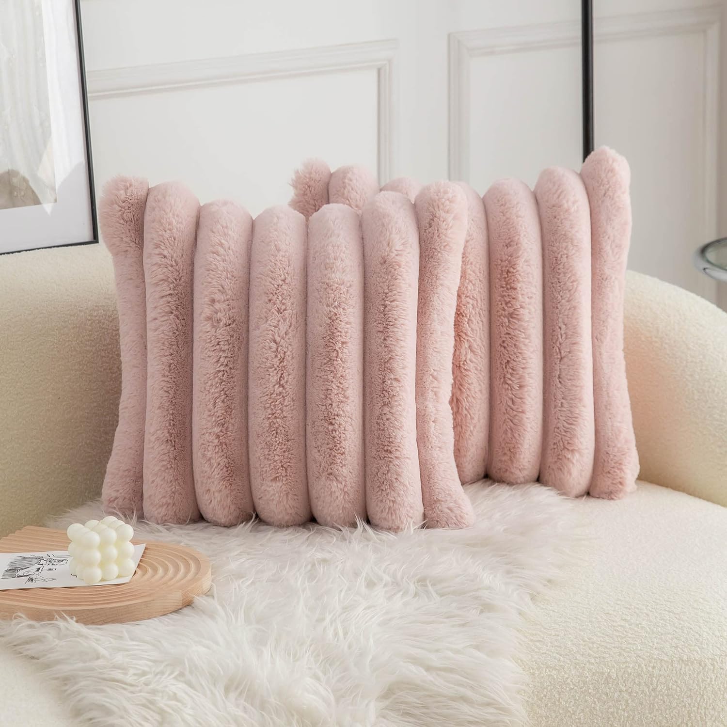 Pink Faux Fur Throw Pillow Covers 18x18 - Soft Velvet Decorative Set of 2 0