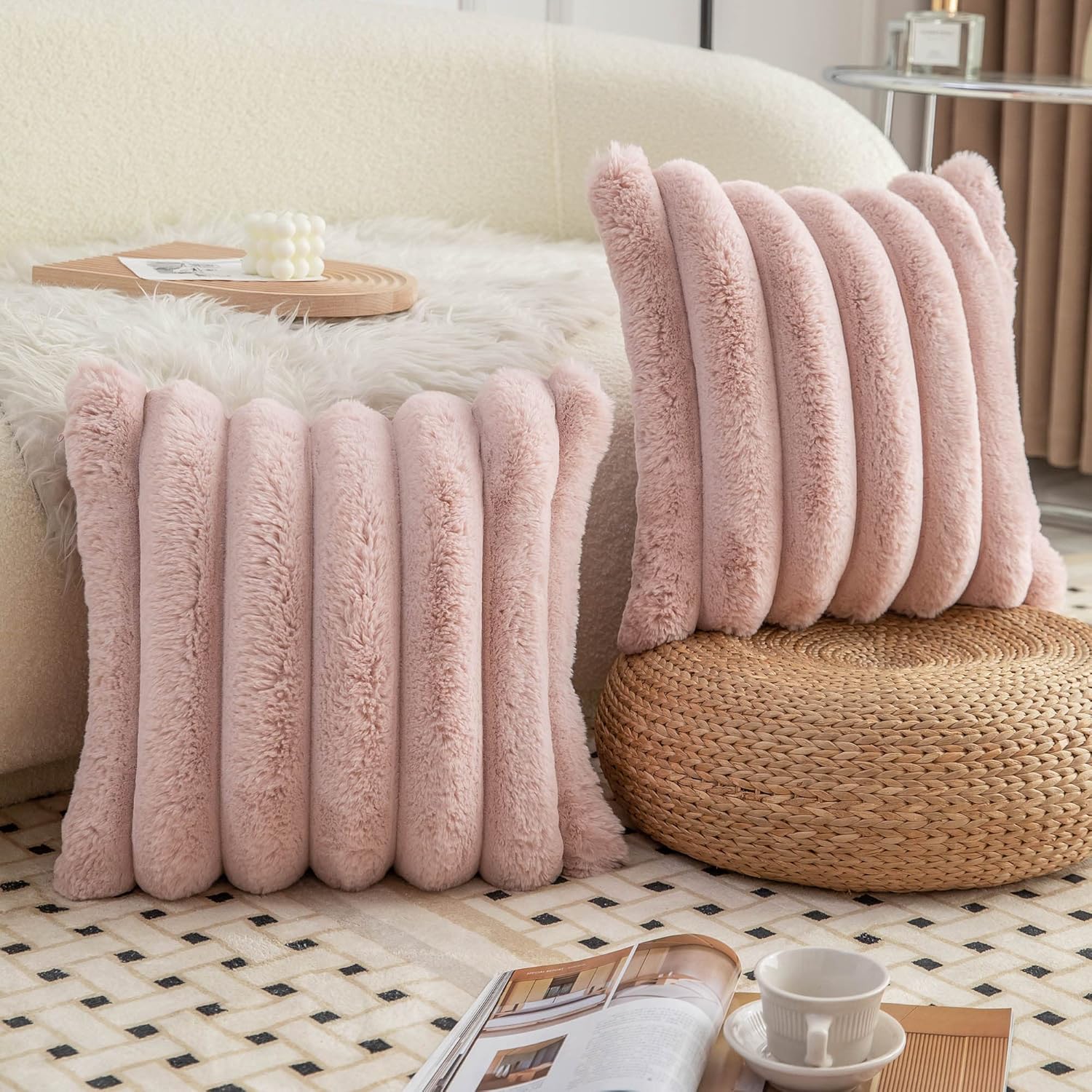 Pink Faux Fur Throw Pillow Covers 18x18 - Soft Velvet Decorative Set of 2 2