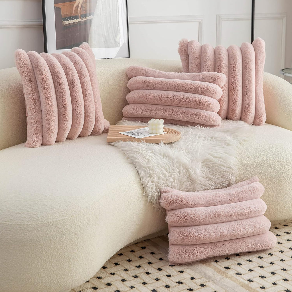 Pink Faux Fur Throw Pillow Covers 18x18 - Soft Velvet Decorative Set of 2 3