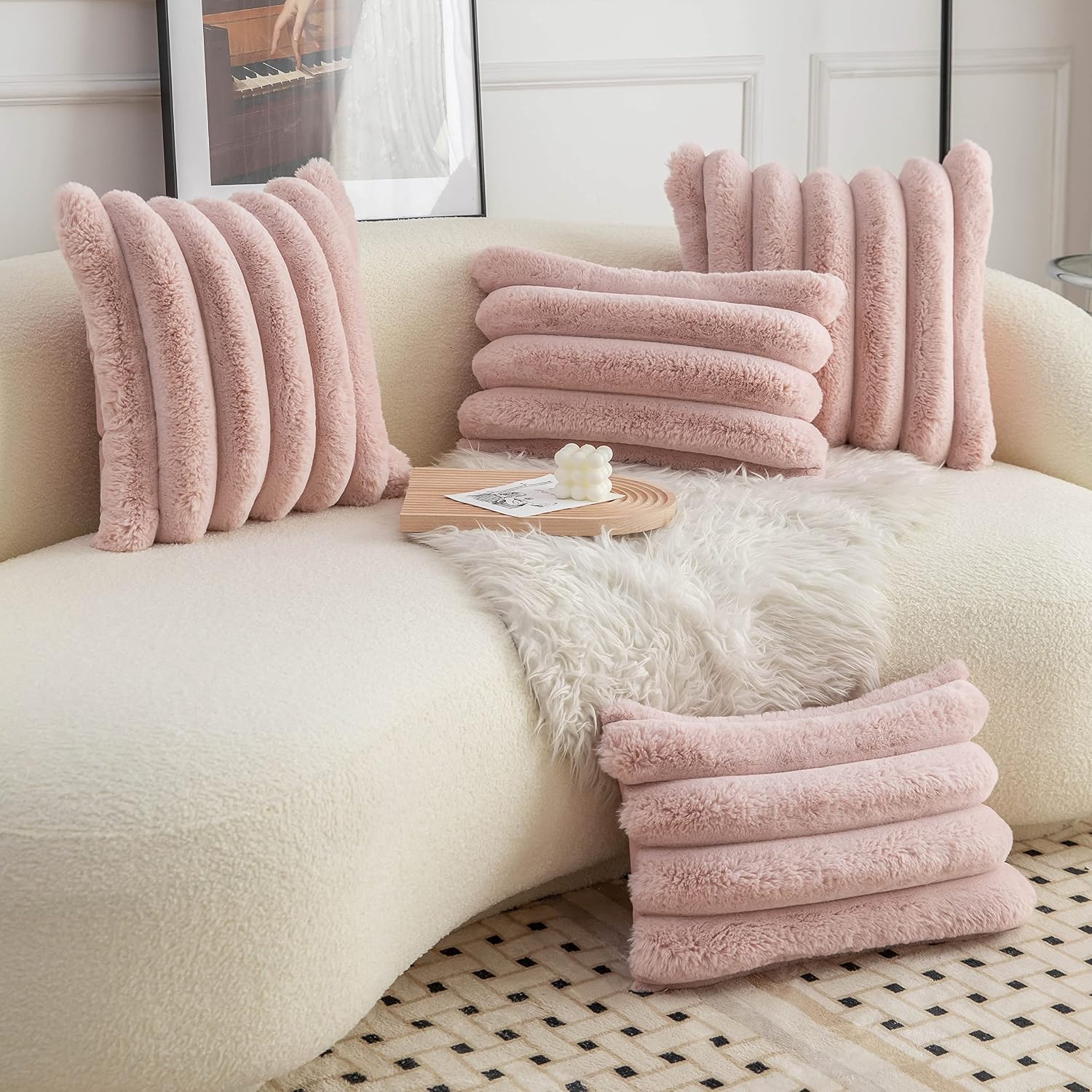 Pink Faux Fur Throw Pillow Covers 18x18 - Soft Velvet Decorative Set of 2 3