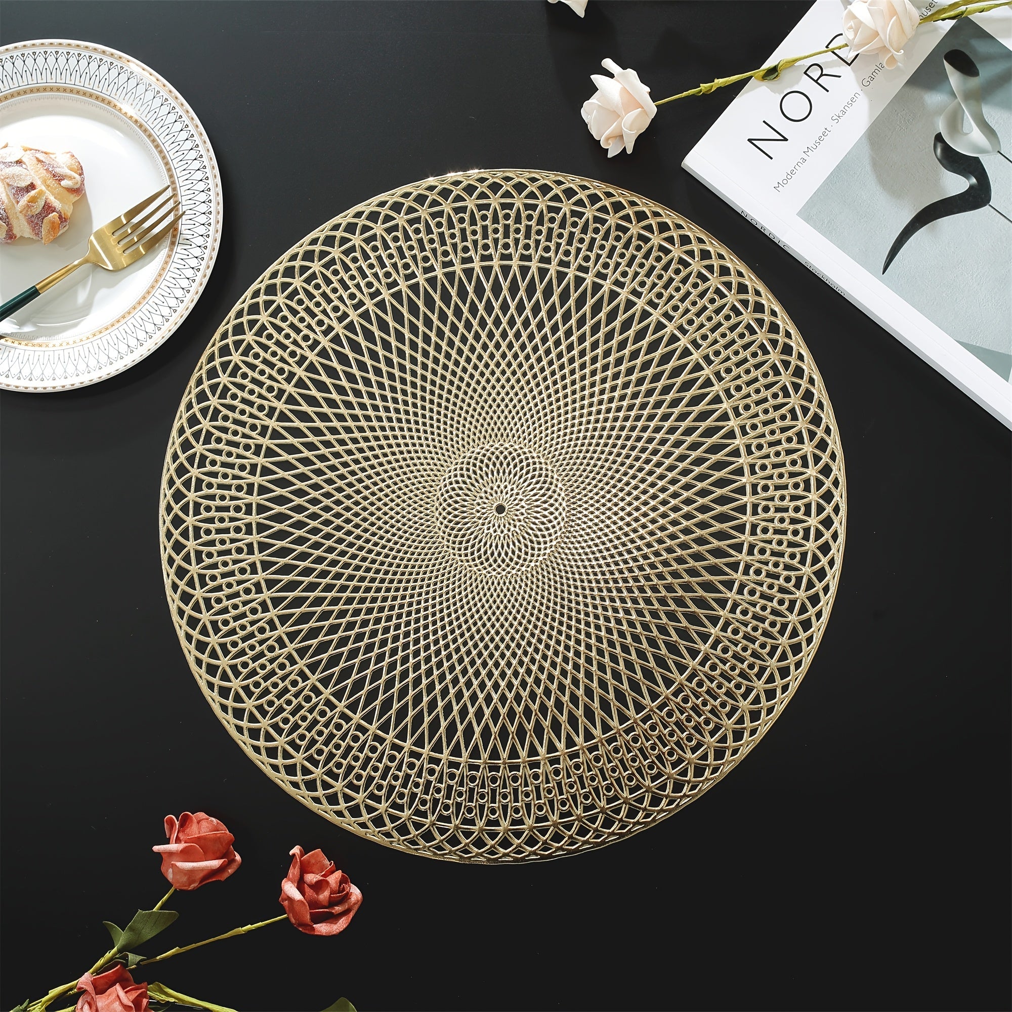 Placemats PVC Round 38 cm Geometric Cut Out Gold Rose Gold Set 2