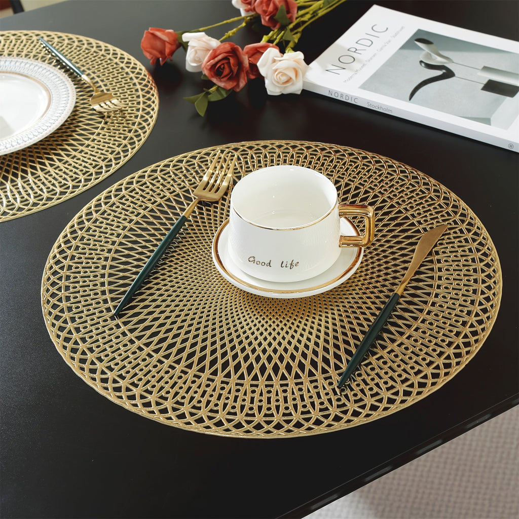 Placemats PVC Round 38 cm Geometric Cut Out Gold Rose Gold Set 3