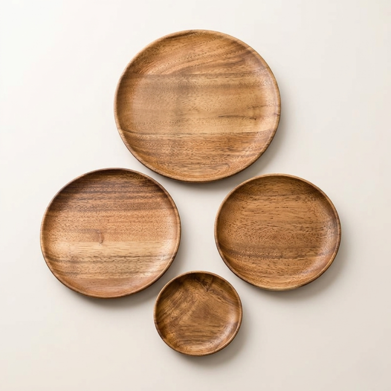 Plate Acacia Wood Handcrafted Natural Finish Wave Groove