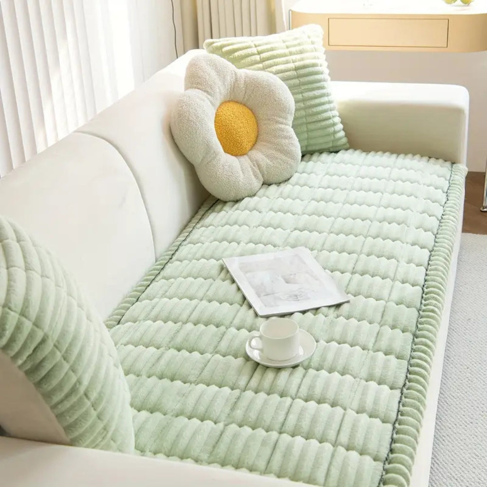 Plush Sofa Cover with Pleated Edges – Soft Microfiber Slipcover for Dogs and Elegant Protection 1