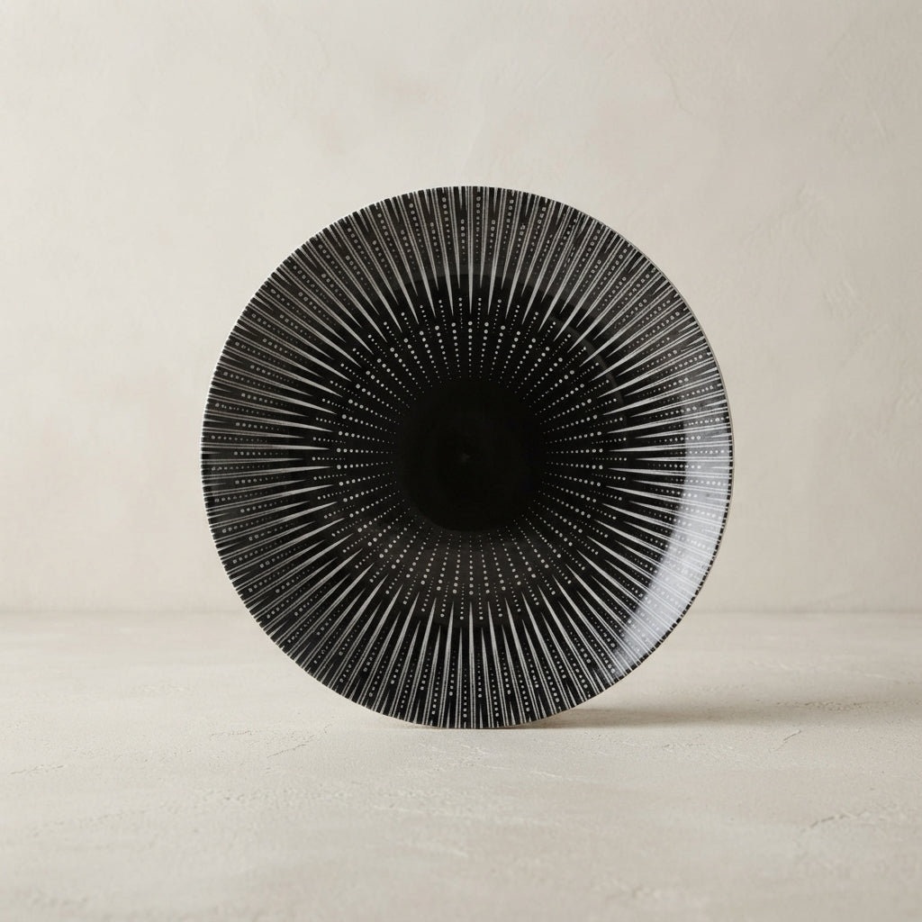 Porcelain Dinner Plate with Black and White Sunburst Design 1