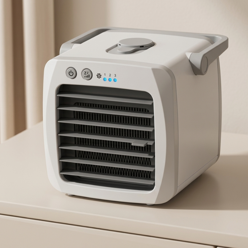 Portable air conditioner on a light surface with a neutral background