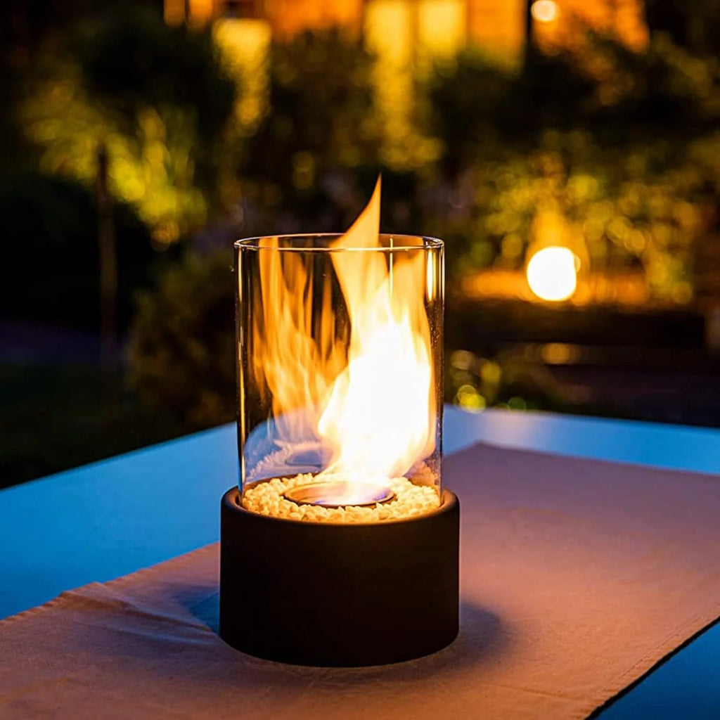 Portable Bioethanol Fireplace Glass Cylinder Tabletop Heater with Metal Base 1