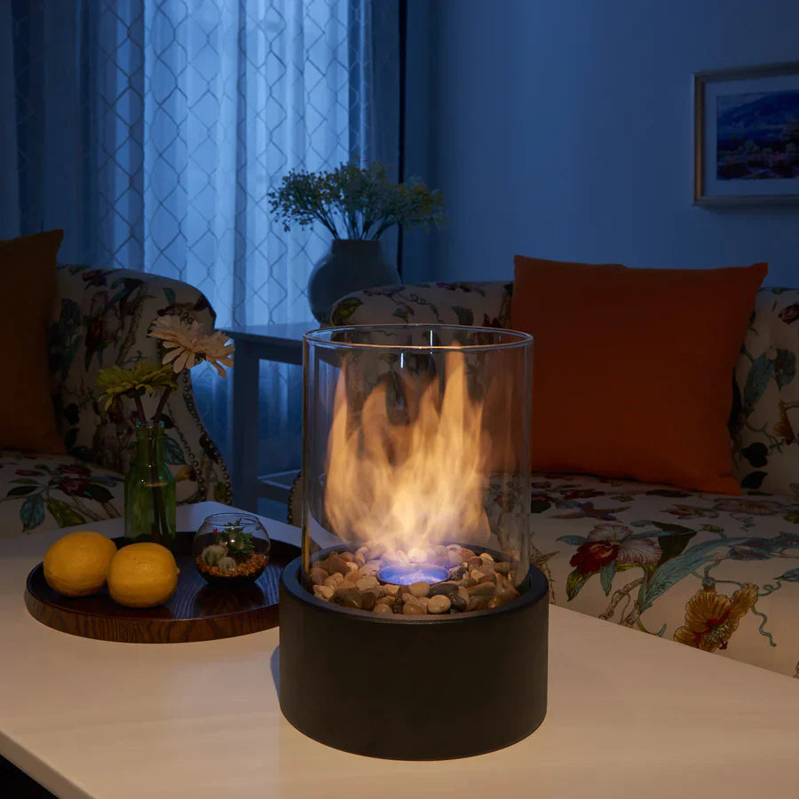 Portable Bioethanol Fireplace Glass Cylinder Tabletop Heater with Metal Base 4