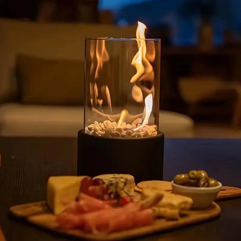 Portable Bioethanol Fireplace Glass Cylinder Tabletop Heater with Metal Base 7
