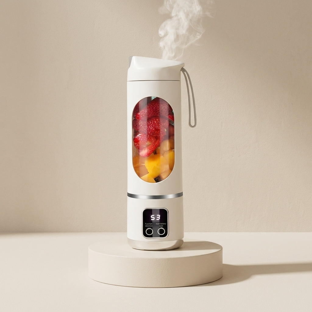 White portable blender with fruits inside on a beige background