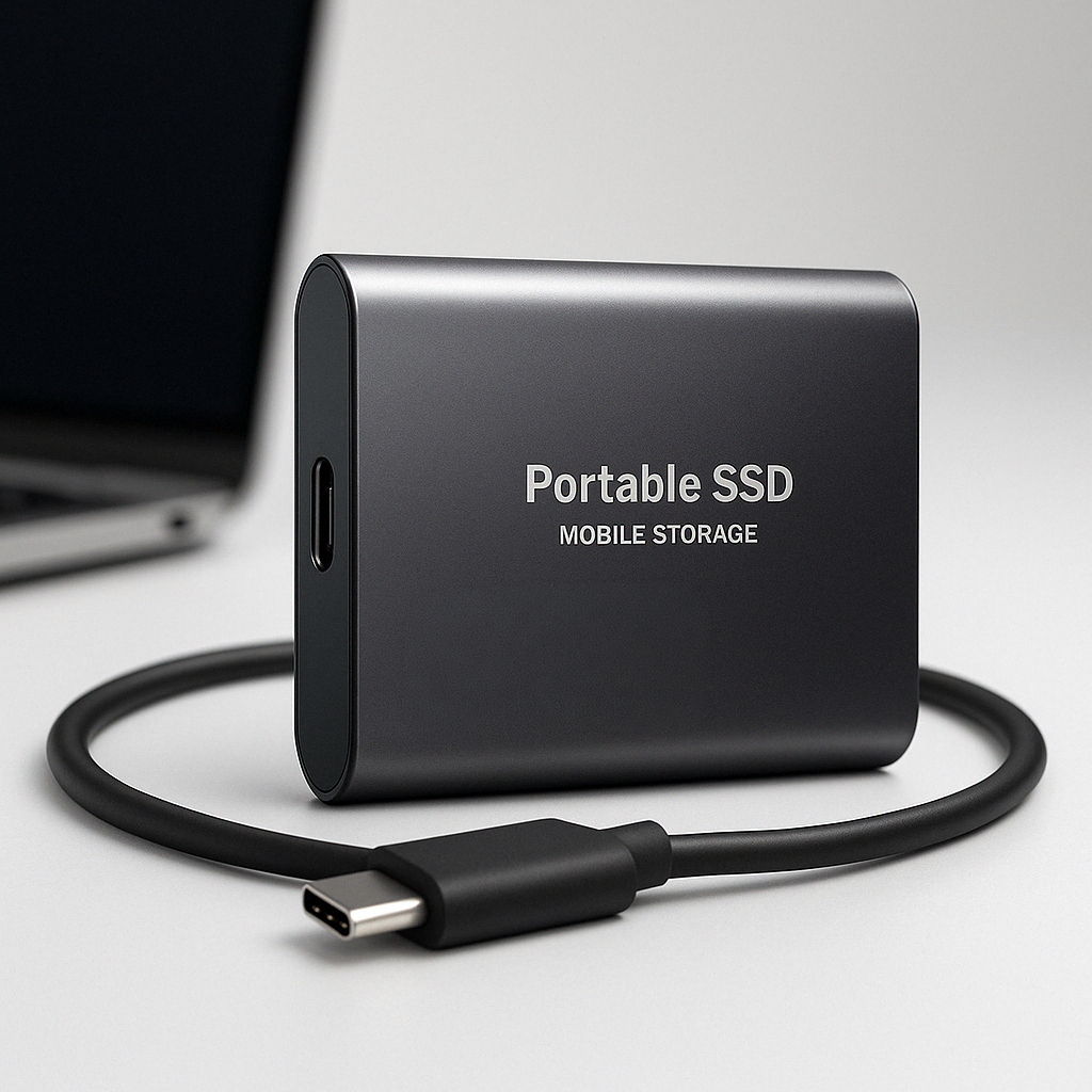 2TB portable SSD with USB-C cable on a light gray background