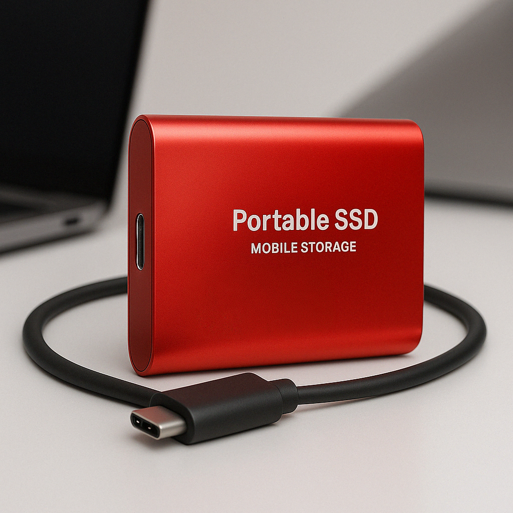 Red portable SSD with USB-C cable on a light gray background