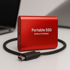 Red portable SSD with USB-C cable on a light gray background