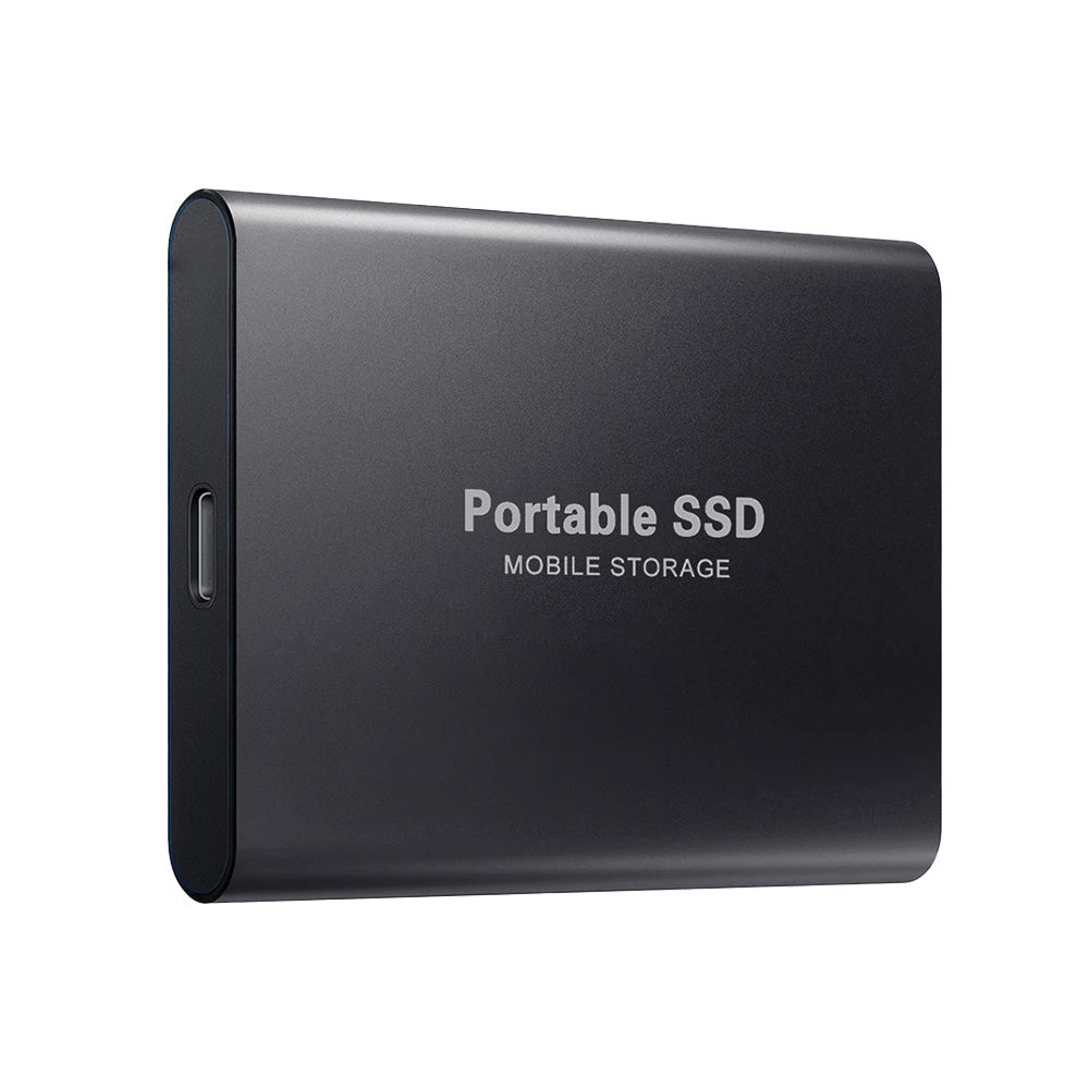 Black portable SSD on a white background
