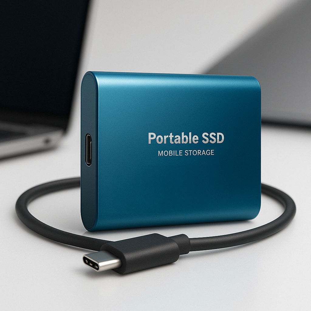 Blue portable SSD with USB-C cable on a light gray background